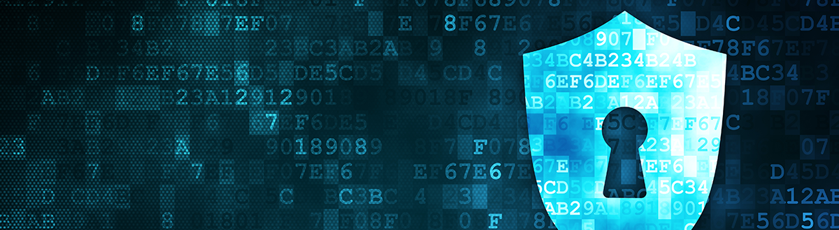 A bright blue lock symbol sits on top of numerous letters and numbers, signifying computer data.