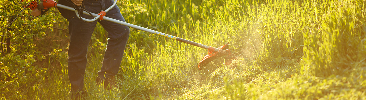 A man using a hand-held brush trimmer to shorten tall grass around the perimeter of his property