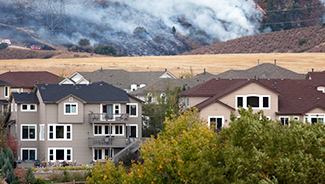 Hills with pine trees and scrub oak burn behind homes outside Denver, Colorado